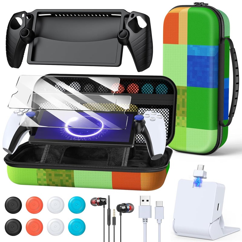 FYOUNG Accessories Kit for PlayStation Portal, Carrying Case Bundle and Magnetic Portable Charger for PS5 Portal with Protective Case, 2 Screen Protectors, Wired Headphone, 8 Thumb Grips (Green) - Image 1